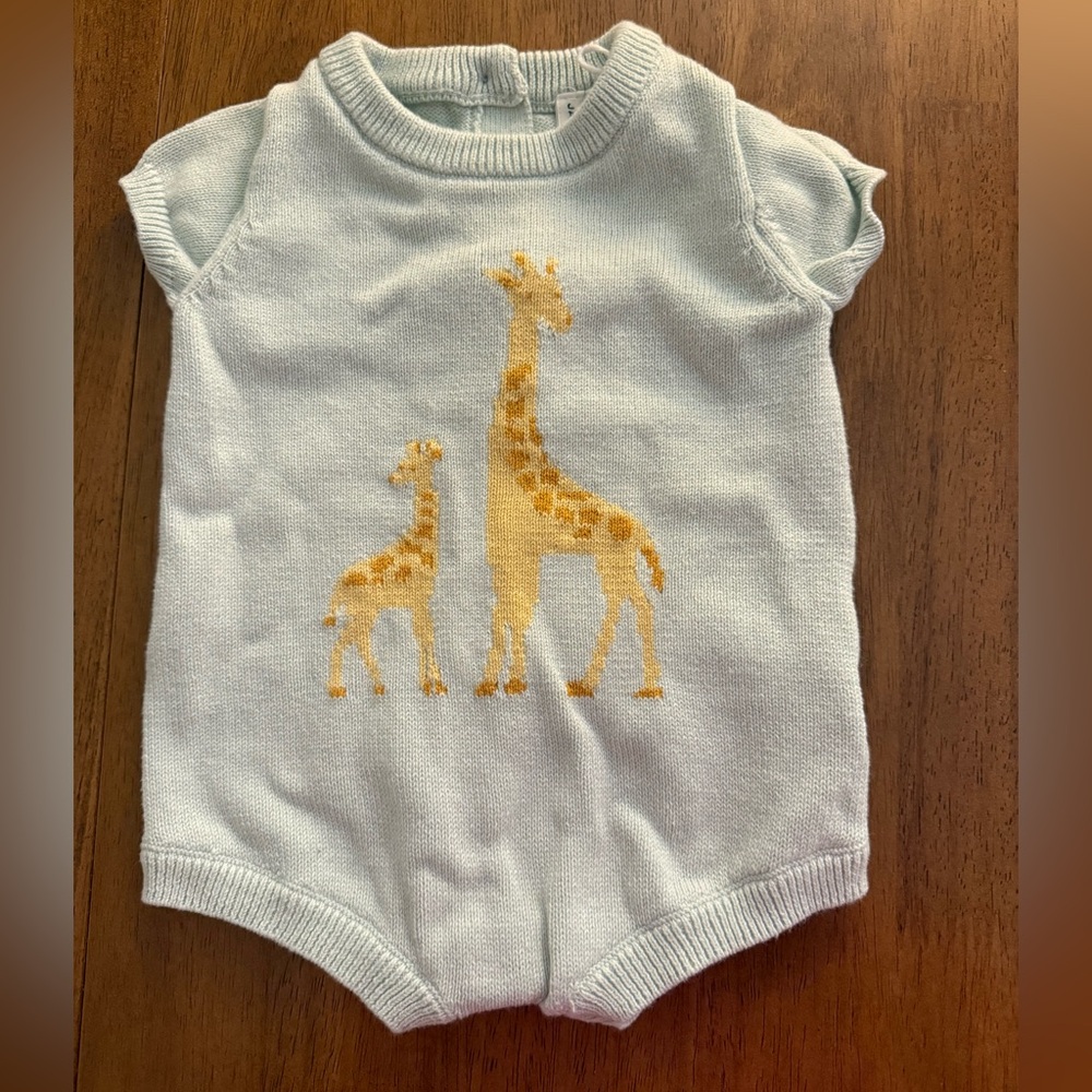 Janie and Jack Pale Blue Baby Giraffe Knit Romper